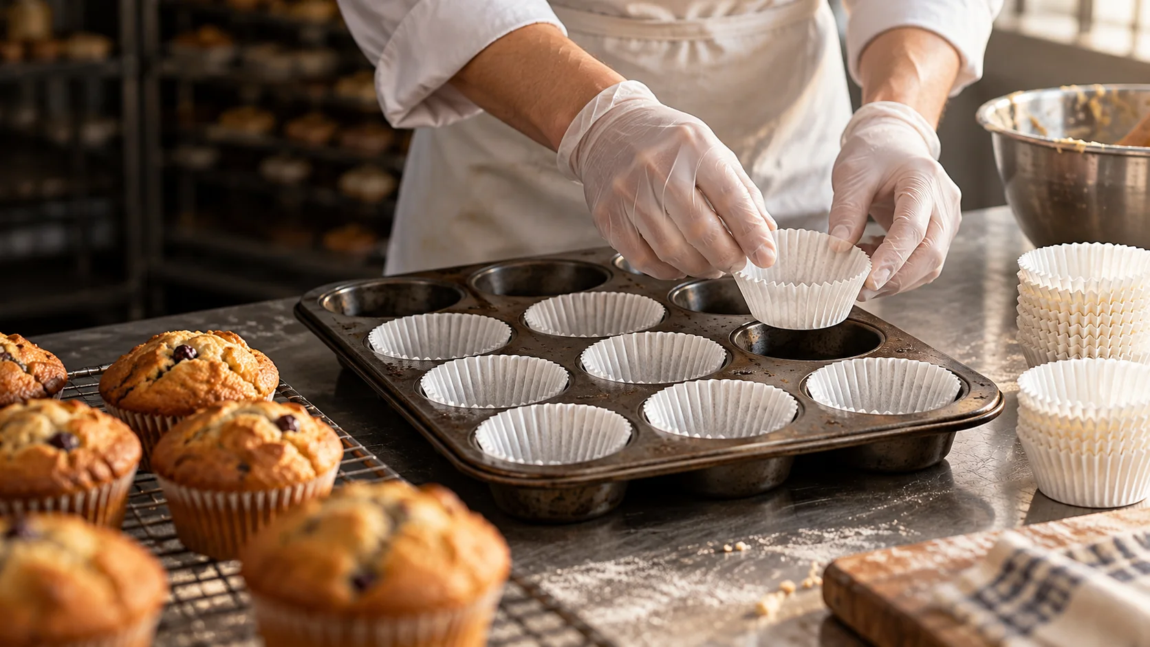 Baker placing white pleated paper muffin liners into a metal muffin pan