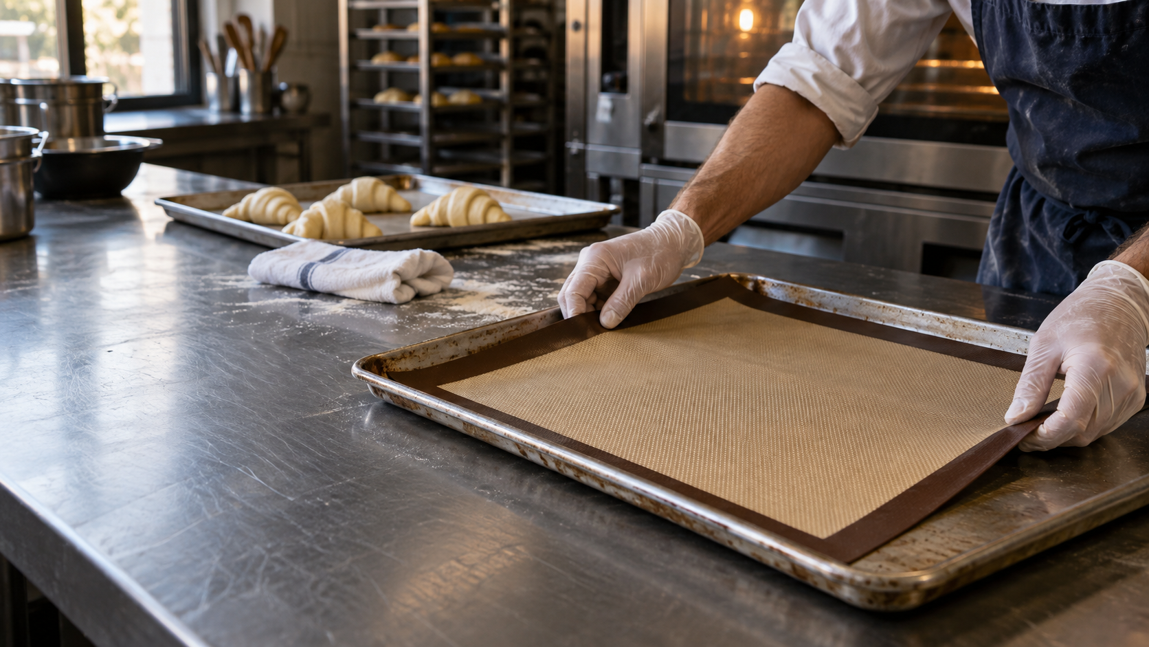 Baker fitting a reusable baking mat into a commercial sheet pan