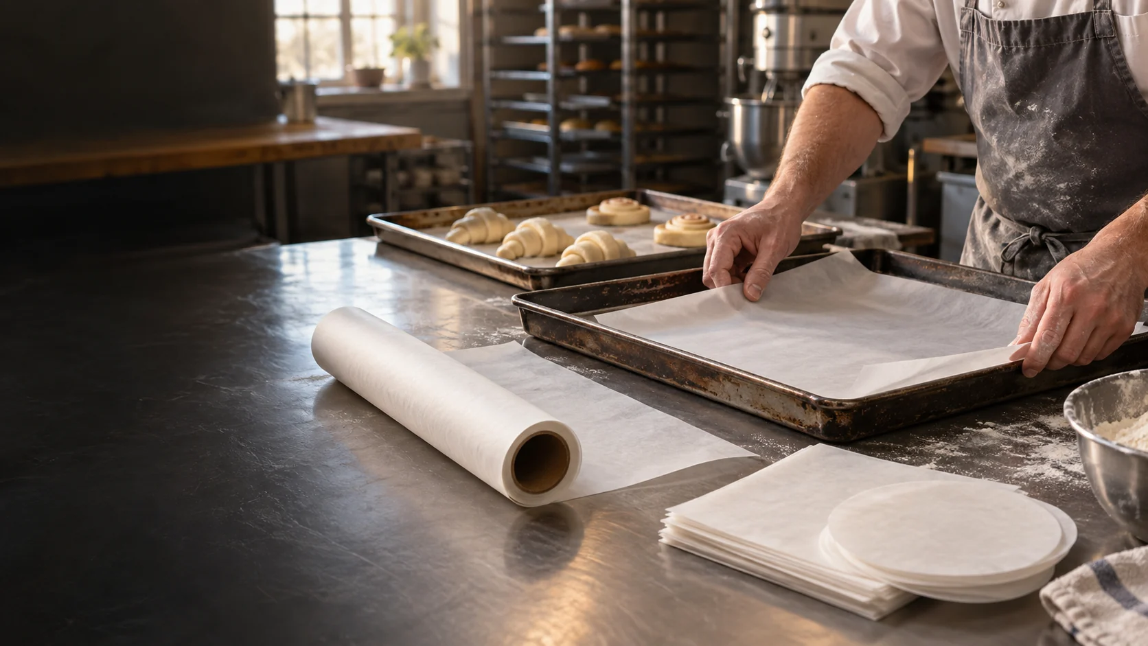 Bakery worker placing a parchment sheet in a tray beside a paper roll and pre-cut liners