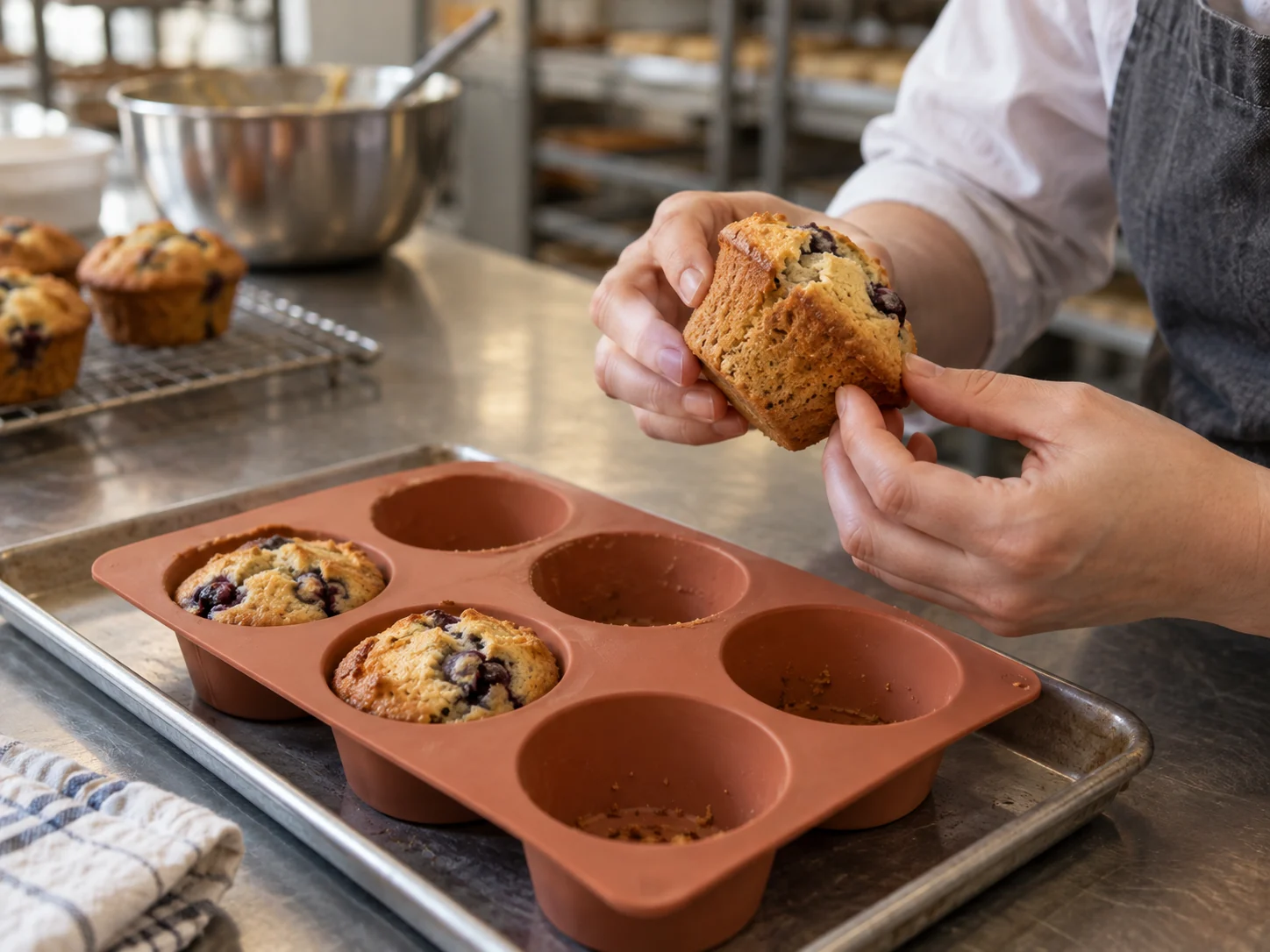 Baker inspecting a muffin released from a six-cavity silicone baking mold