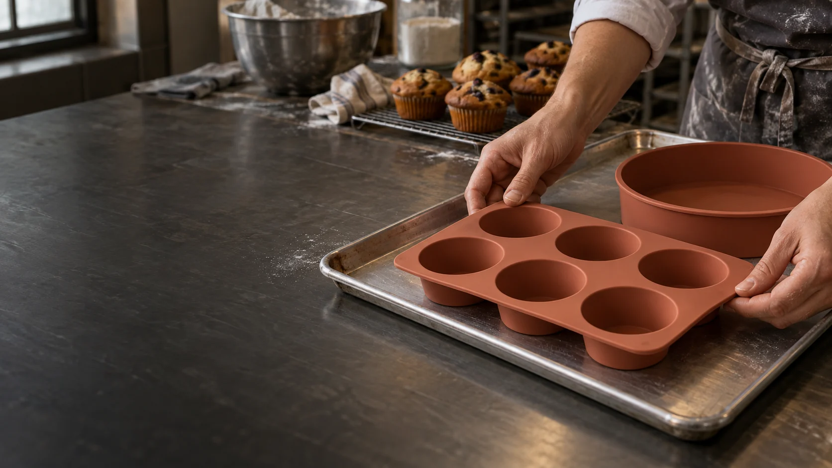 Baker setting a silicone six-cavity muffin mold onto a rigid metal baking tray