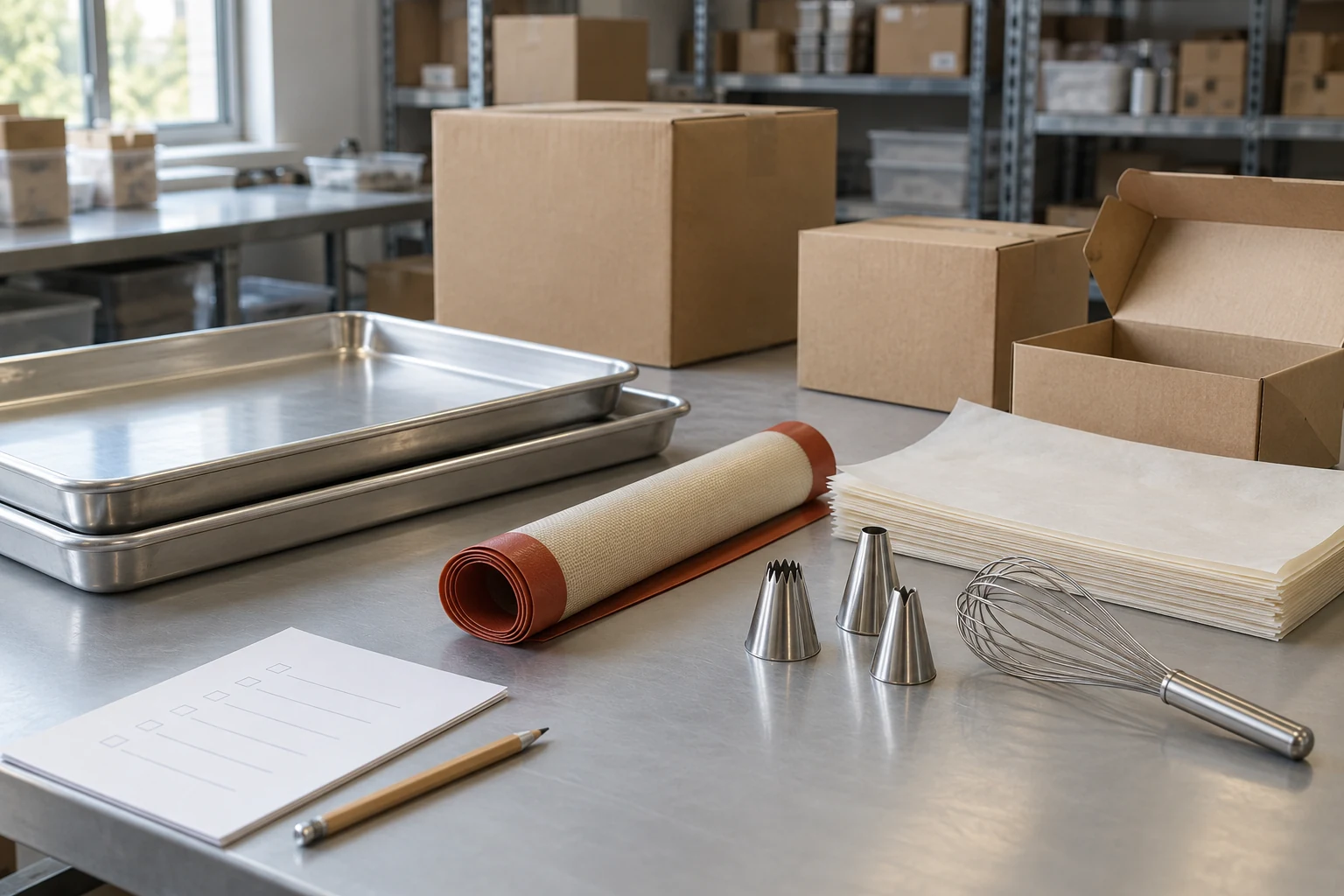 Unbranded baking trays, silicone mat, pastry tools, paper and kraft boxes arranged for a wholesale assortment review
